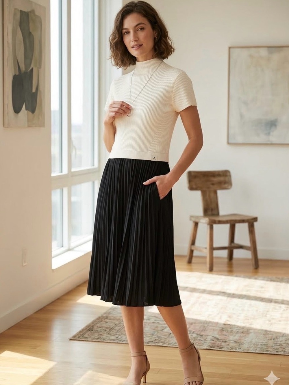 Anthropologie Short Sleeve Twofer Mock Neck Ribbed Pleated Dress Size L
